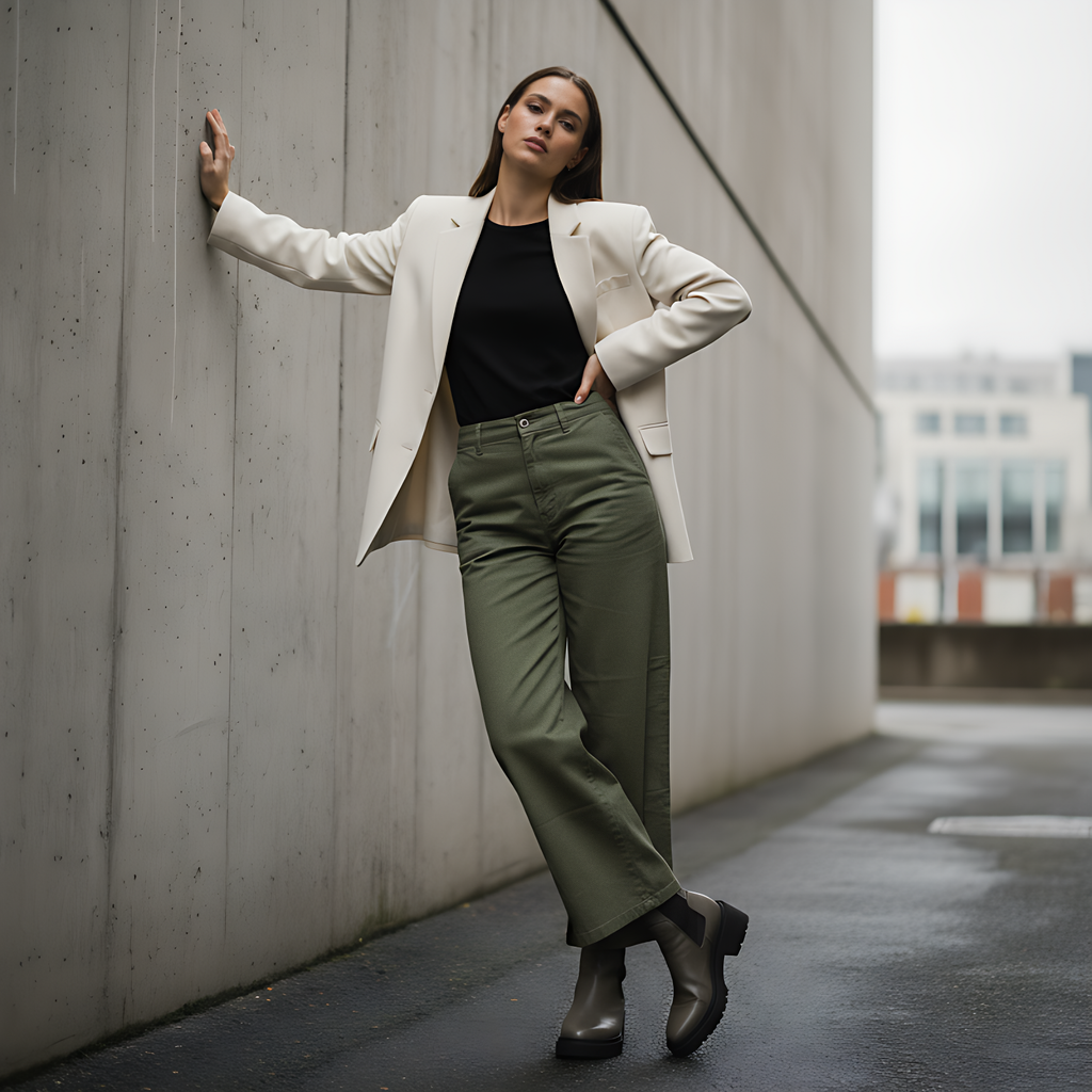 WIDE LEG HIGH-WAIST OLIVE GREEN TWILL/COTTON