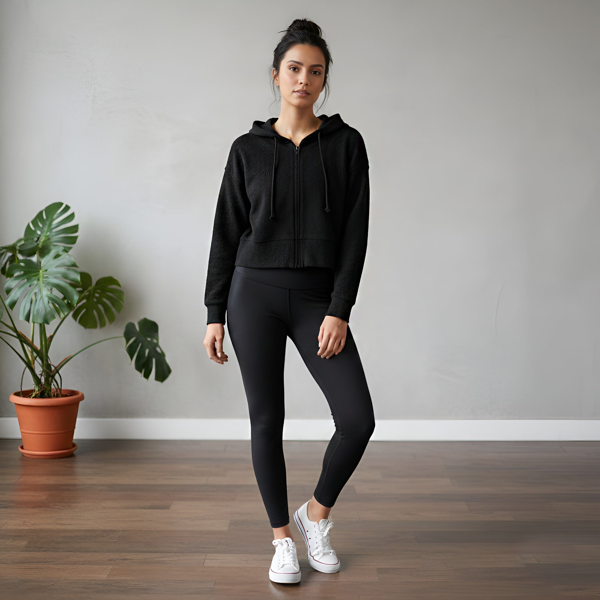 Interlock Relaxed Crop Top Hoodie – Black